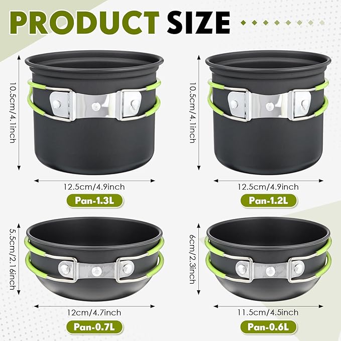18-Pcs Camping Cookware Mess Kit for 2, Non-Stick Lightweight Pot Pan Set with Stainless Steel Cups & Plates, Folding Utensils with 3 Storage Bags for Emergency Prep, Hiking, Picnic