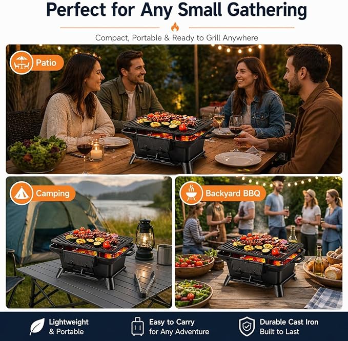 Hibachi Grill Outdoor, Portable Mini Charcoal Grill, Pre-Seasoned Cast Iron, Small Japanese Yakitori Tabletop Skillet Grill Stove for Outdoor Camping