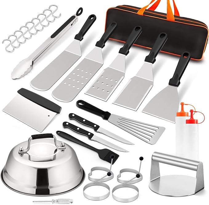 Griddle Accessories Kit of 20, HaSteeL Heavy Duty Metal Spatula Set, Stainless Steel Teppanyaki Tools for Flat Top, Barbecue Grilling Indoor & Outdoor, Melting Dome, Burger Turner, Dishwasher Safe