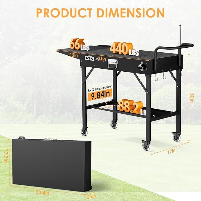 Leteuke Grill Cart for Blackstone Griddle, Portable Outdoor Grill Table, Foldable Cart Table with Wheels for Ninja, Griddle Stand Fit 17 Inch Or 22 Inch, BBQ Prep Tables with Seasoning Tray