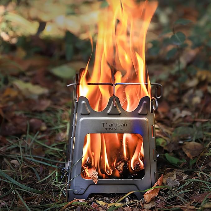 Titanium Wood Burning Stove with Hinge, Folding Camping Backpacking Stove Titanium Wood Stove Portable Wood Alcohol Stove for Outdoor Camping Picnic BBQ