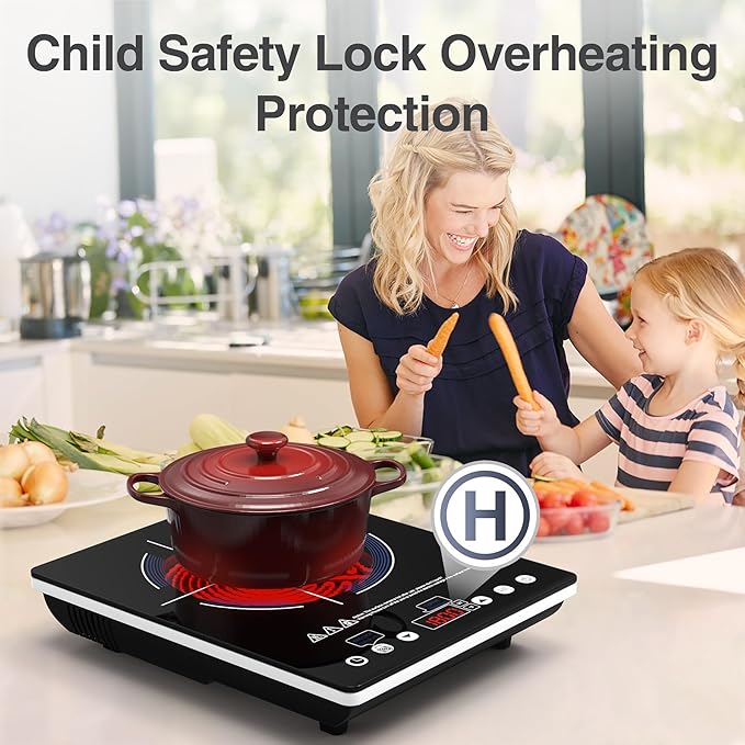 GIHETKUT Electric Cooktop Single Burner, 1800W Electric Stove Top with Touch Control, 9 Power Levels, Kids Safety Lock & Timer, Overheat Protection,110V Induction Cooktop