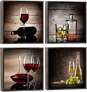 Wieco Art Framed Canvas Wall Art Red Wine Cups Modern 4 Pieces Abstract Canvas Prints Artwork Contemporary Vintage Pictures for kitchen Wall decorations Bar Interior Decor