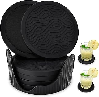 6 Pack Silicone Coasters Set with Holder - for Hot/Cold Beverages, 2-Sided Non-Slip Drink Pads, Felt Backed Protects Furniture, Includes Storage Tray (Black)