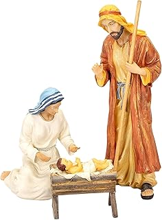 Three Kings Gifts Holy Family Nativity Set, 3-Piece Polystone Mary, Joseph, and Baby Jesus with Manger Figures, Flat Bottom Base Collectibles for 10-Inch Scale Christmas Nativity Scene