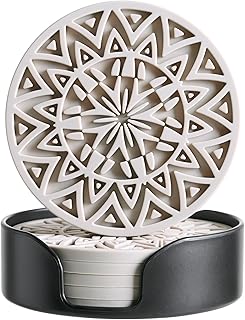 Set of 6 Light Taupe Silicone Coasters with Holder, Drink Coasters with Tribal Pattern Shape- for Table Protection, Anti Slip, Nonstick, Heat Resistant, Deep Tray