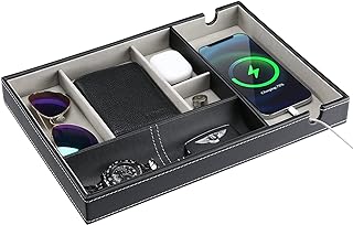 ProCase 1 Layer Valet Tray for Men, PU Leather Nightstand Organizer with Charging Slot for Bedside Table Desk Top -Black