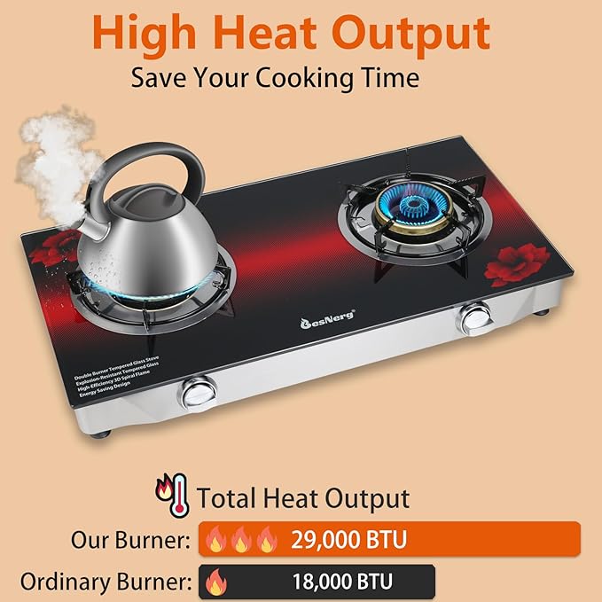 Propane Stove 2 Burner Gas Stove, 28800 BTU High-Efficiency Auto Ignition Tempered Glass LPG Cooktop with CSA Regulator and Hose – for Outdoor Camping, RV, and Emergency Cooking