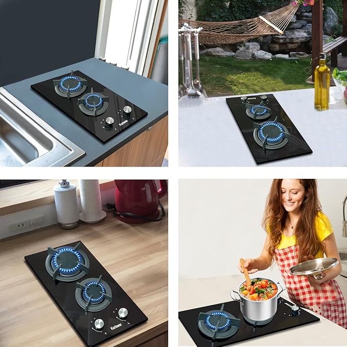 Karinear Gas Cooktop 2 Burner Propane Cooktop, 12 Inch LPG/NG Dual Fuel Gas Stove Top, Built-in Tempered Glass Gas Cooktop for Apartment, Indoor, RV