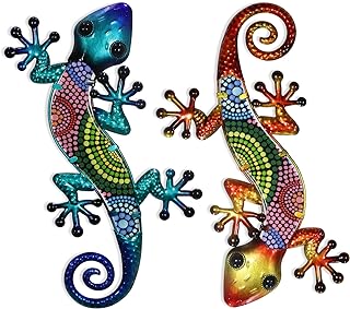 HONGLAND Metal Gecko Wall Art 2 Pack 15 Inch Lizard Outdoor Decor Hanging Glass Sculpture Decoration for Garden Fence Home