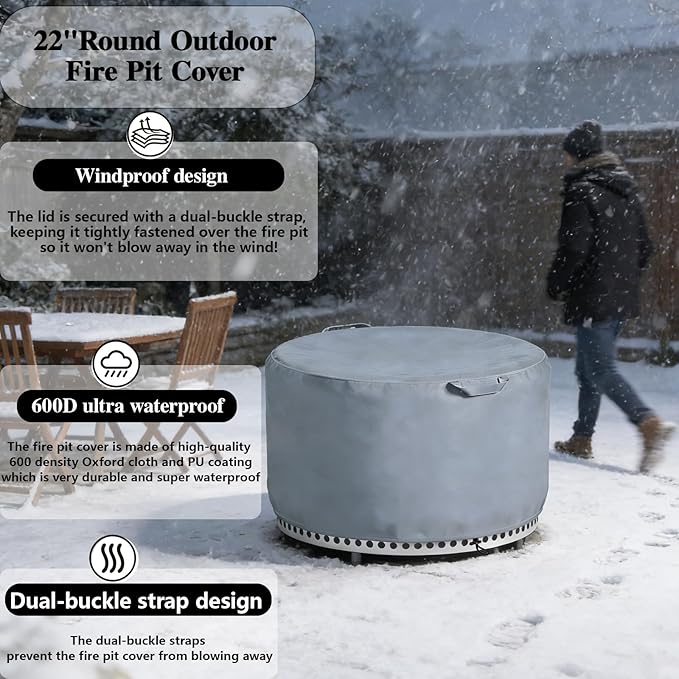 Chinchilla Round Fire Pit Cover for Solo Stove Bonfire 22 inch - Waterproof 600D Oxford Fabric Cover, Tear Resistant & All-Weather Protection for Smokeless, Gas, Table, or Bowl Fire Pits