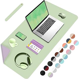 Double-Sided Office Desk Mat, Large Mouse Pad, Waterproof PU Leather Protective Pad, Laptop Desk Pad, Dual Use Cover Protector for Office/Home Keyboard (Matcha+Purple, 31.5''×15.8'')