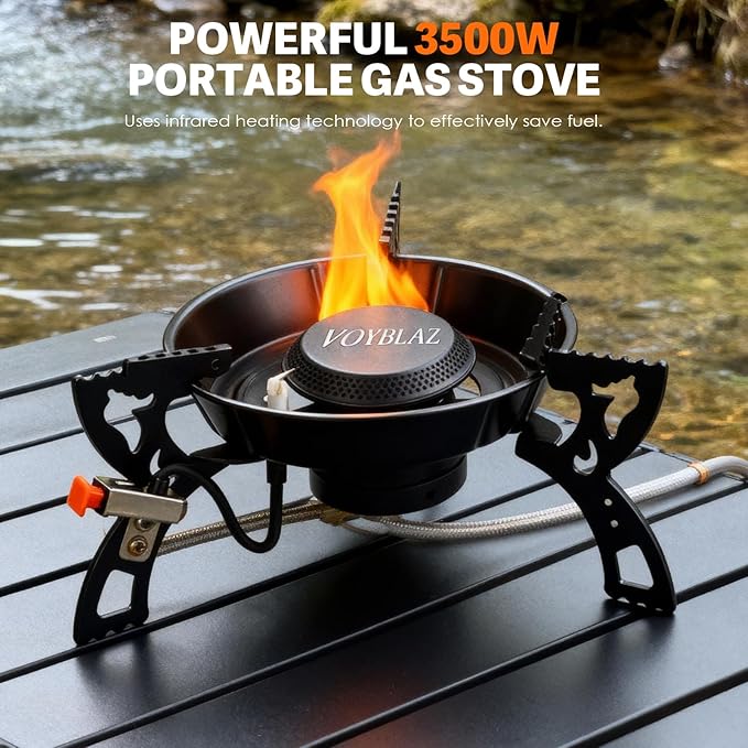 camping stove - made of 4mm carbon steel, featuring piezoelectric ignition and a 39-inch hose ideal for backpacking, hiking, and outdoor cooking