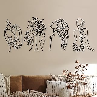 Photect 4 Pieces Metal Wall Art Decor Black Single Line Art Drawing Minimalist Abstract Female Woman Wall Sculptures Hanging Decor Accents for Bathroom Living Room(Modern)