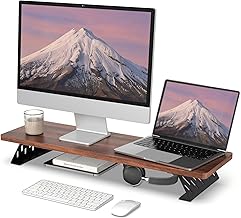 Fenge Monitor Stand Riser, Desk Top Shelf for 2 Monitors, Computer Stands for Desk, Wood & Steel Desktop Riser for Laptop, PC, Printer