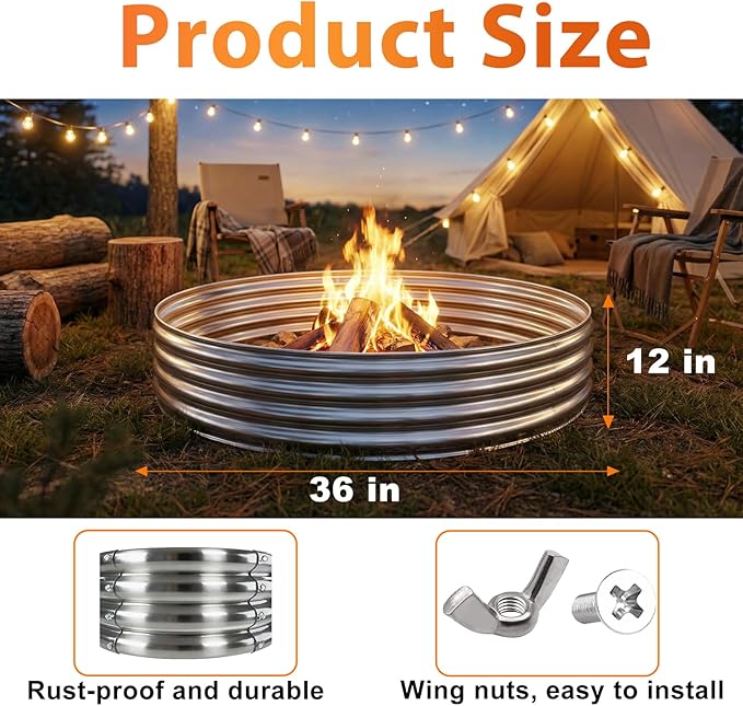 Fire Pit Ring for Outside Wood Burning, 36in Outdoor Fire Pit, Heavy Duty Steel Burn Pit for Backyard, Camping, Bonfire, Modern Style Large Metal Fire Pit Ring
