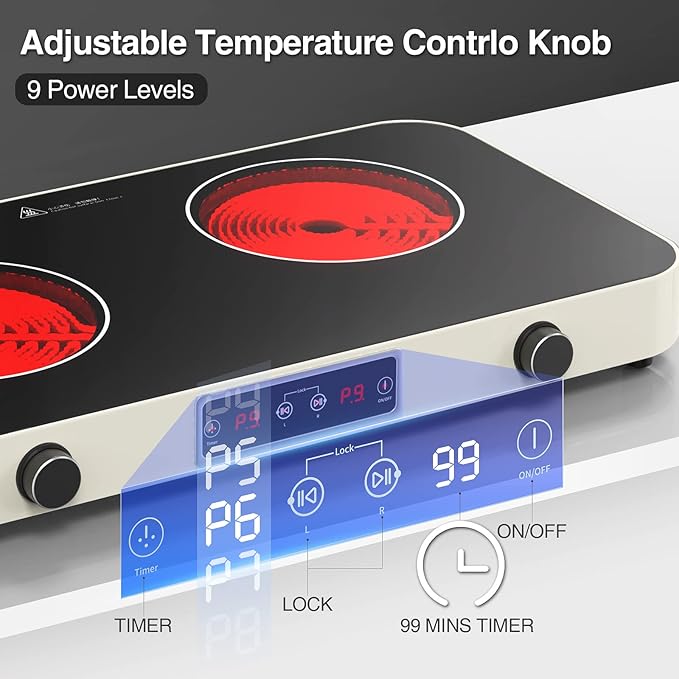 ANHANE 2200W Electric Cooktop 2 Burners: 12 Inch Portable Hot Plate Electric Stove Top - 110V/120V Double Burner Countertop with Timer, Knob Control, 9 Heating Levels, for All Cookware