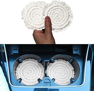 3.8in Boho Car Coasters for Cup Holders, 2PC Cup Coasters for Car, Absorbent Macrame Drink Coaster, Cute Coaster Set for Table Office Desk, Gifts for Women, Beige