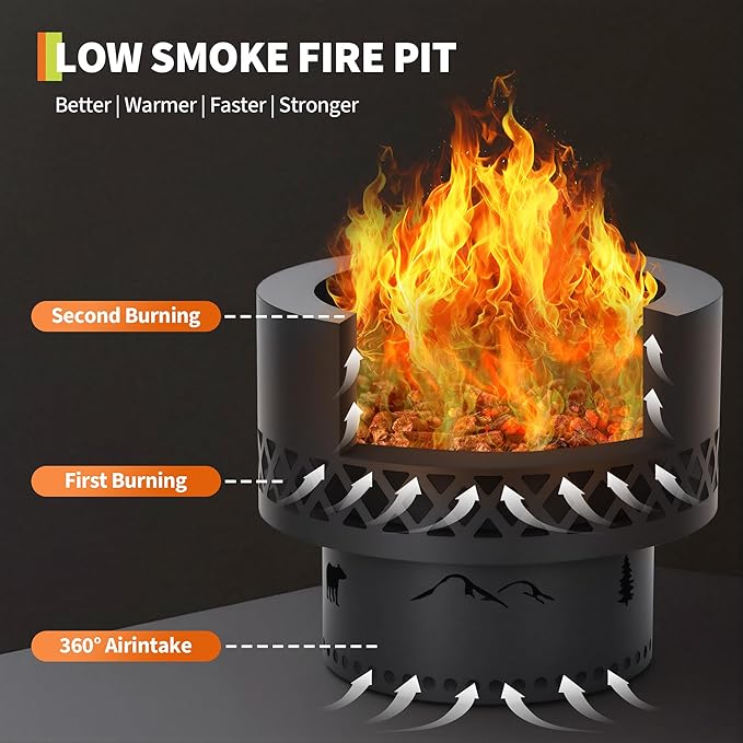 GarveeLife 19 Inch Smokeless Fire Pit, Wood Burning Outdoor Fireplace with Removable Ash Pan & Dust Bag - Ideal for Patio BBQ, Bonfire, Camping