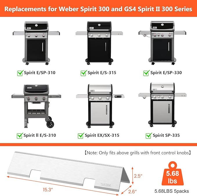 SUS304 Stainless Steel Grill Parts for Weber Spirit 2 300 Series, 15.3" Flavorizer Bars for Weber Spirit II E310, Spirit E310 330 Grills with Front Control, GS4 Replacement Parts for Weber Spirit 7636