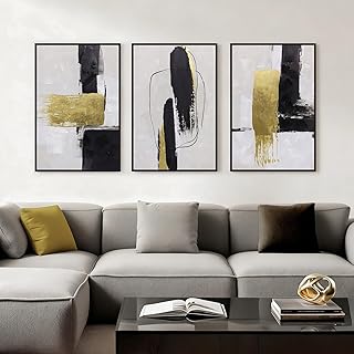 Abstract Neutral Textured Framed Canvas Wall Art Set of 3, Minimalist Wall Decor Modern Art Prints, Black Gold Wall Painting Artwork for Living Room,Bedroom,Dining Room,Office, 16"x24"