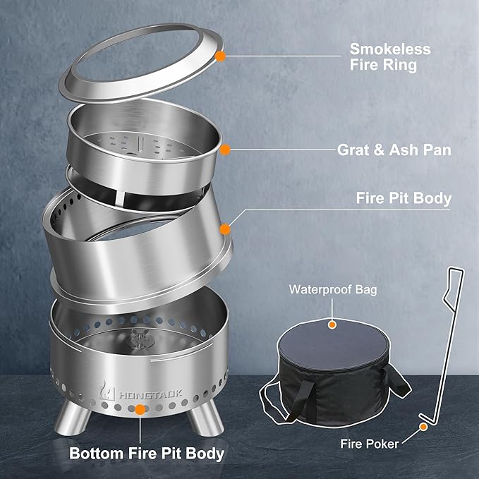 Smokeless Fire Pit with Waterproof Bag, 15 Inch Stainless Steel Fire Pits for Outside Wood Burning, Smokeless Firepit Outdoor Bonfire, Removable Ash Pan, Portable for Camping, Backyard