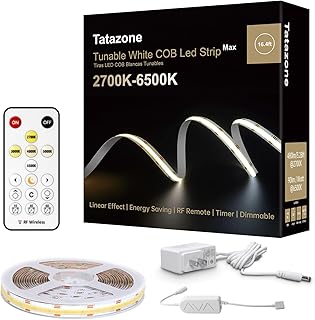 Tatazone 6.56ft Tunable White COB Led Strip Light with RF Remote, CRI93+ Dimmable CCT 2700K-6500K COB Led Tape Lights, Adhesive High Density Dual Color Led Light Strip for Bedroom, Kitchen, Cabinet