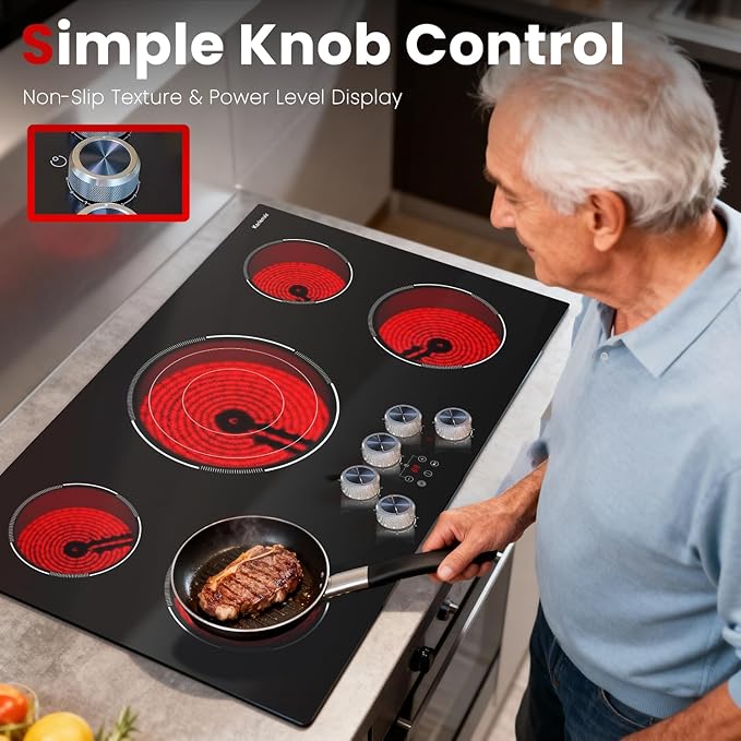 Electric Cooktop 36 Inch Karienvir, 5 Burner 9200W Electric Stove Top with Dual-Ring & Triple-Ring Burners, 220V-240V Hardwired Cooktop, 36" Cook top With Knob Control 9 Level Power, Timer, Lock