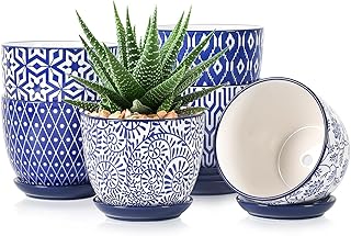Selamica Ceramic Succulent Pots, 4.6 Inch Small Plant Pots with Drainage Holes & Saucers, Succulent Planters for Indoor Plants Cactus, Home Decor, Set of 6, Vintage Blue