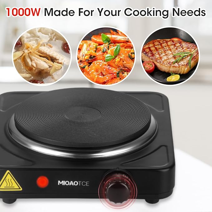 Countertop Single Cast Iron Burner 1000 Watts Electric Hot Plate with Adjustable Temperature 6.1" Cooktop for Dorm, Office, Home, Camp, Compatible for All Cookwares