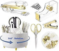 Gawsey Gold Desk Organizers and Accessories Set with 360-Degree Rotating Pen Holder, Acrylic Stapler, Tape Holder, Staple Remover, Binder/Paper Clips Kit, Scissor and 1 Box of Staples