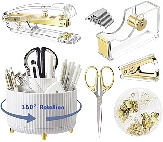 Gawsey Gold Desk Organizers and Accessories Set with 360-Degree Rotating Pen Holder, Acrylic Stapler, Tape Holder, Staple Remover, Binder/Paper Clips Kit, Scissor and 1 Box of Staples