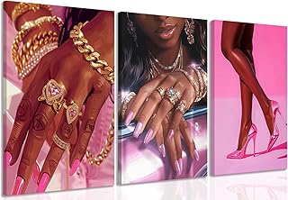 Pink Fashion Black Girl Canvas Wall Art Set of 3 African American Black Woman Posters Wall Decor Fashion Black Woman Pictures Prints for Living Room Bedroom Artwork Home Decoration 12x16Inch Framed