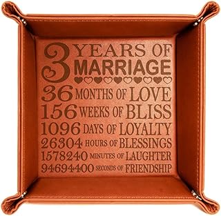 Kate Posh - 3 Years of Marriage Engraved Leather Catchall Valet Tray, Our 3rd Wedding Anniversary, 3 Years as Husband & Wife, Gifts for Her, for Him, for Couples (Rawhide)