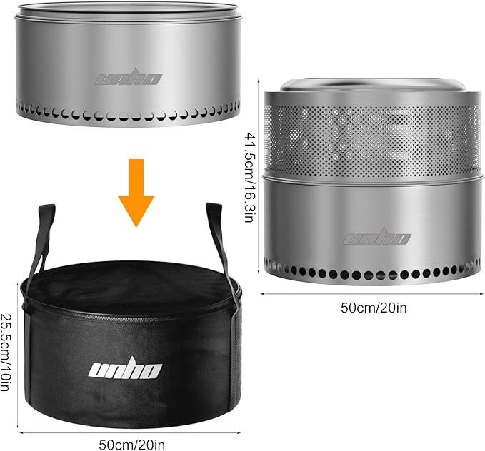 unho 20 Inch smokeless firepit for Outside Wood Burning Stove, Stainless Steel Outdoor Portable Fire Pit for Backyard, Patio, Garden, Picnic