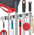 Broom Mop Holder Wall Mount Broom Hanger Wall Mounted Metal Organization Garage Storage Garden Kitchen Tool Organizer With 4 Racks and 5 Hooks (Silver, 1 Pack 4R5H)