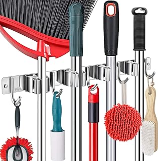 Broom Mop Holder Wall Mount Broom Hanger Wall Mounted Metal Organization Garage Storage Garden Kitchen Tool Organizer With 4 Racks and 5 Hooks (Silver, 1 Pack 4R5H)