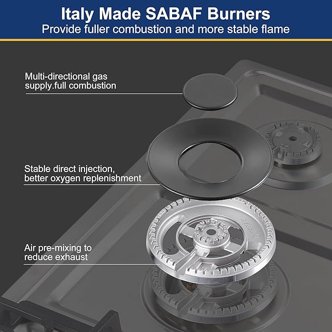 Amzgachfktch Gas Cooktop 30 Inch with 5 Italy SABAF Powerful Burners, Max 48,300 BTU/hr Gas Stove Top, Built-in 304 Stainless Steel Propane Stove, NG/LPG Convertible, CSA Certified