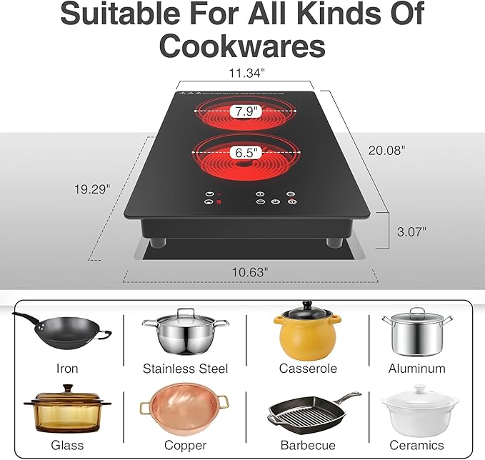 GIHETKUT Electric Cooktop,Built-in and Countertop Electric Stove Top, 2100W 110V Electric Burner 9 Heating Level, Timer & Kid Safety Lock, Sensor Touch Control 2 Burner Electric Cooktop.