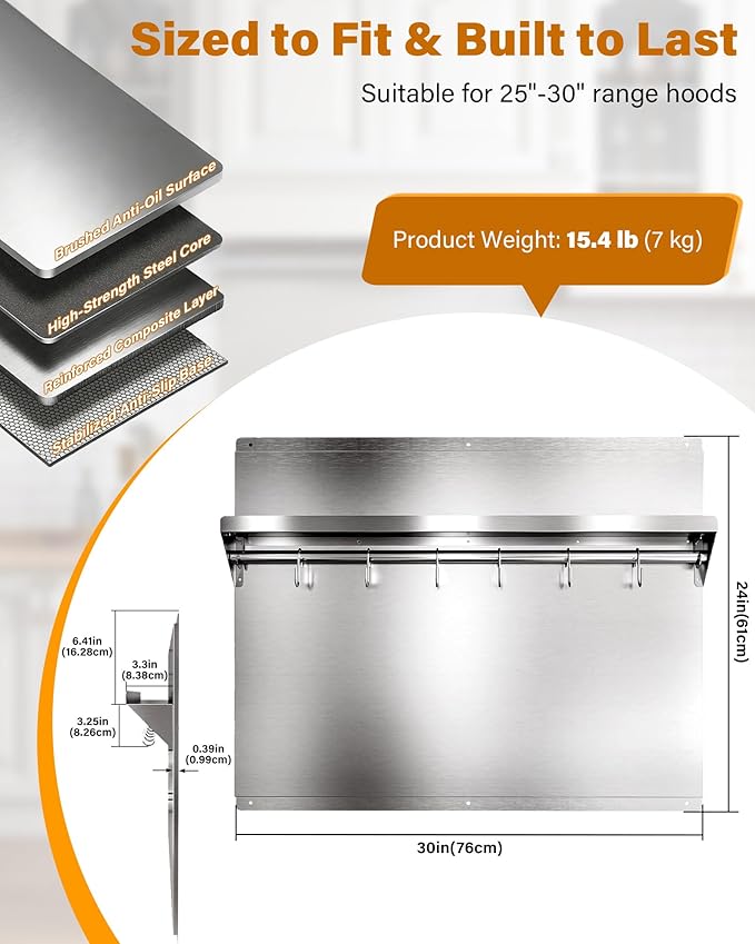 24 x 30 In Stainless Steel Backsplash - Kitchen Wall Splash Guard Behind Stove with Storage Shelf and Hanging Rack, Easy Clean and Installation