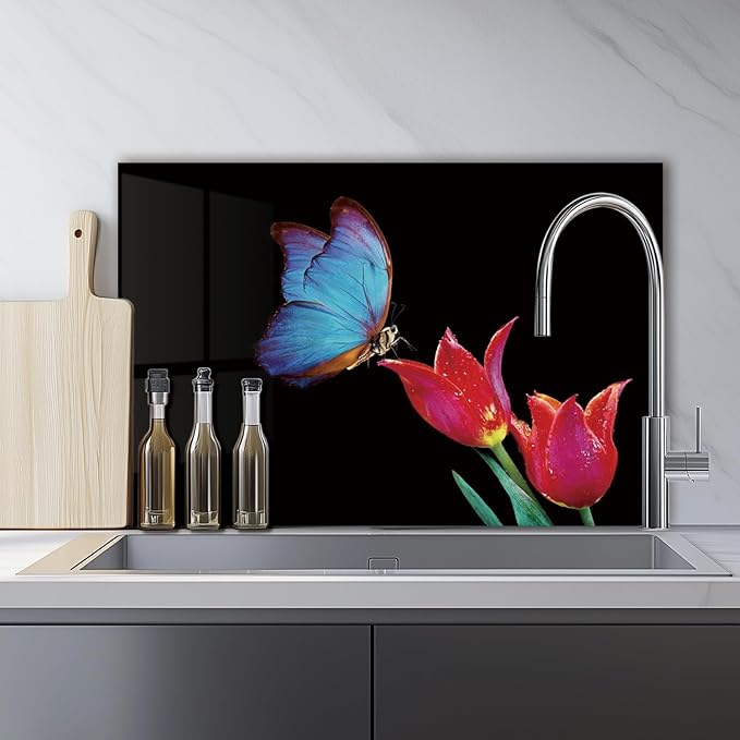 Tempered Glass Backsplash for Kitchen, Blue butterfly, Frameless, Stove Backsplash Protector for Wall,Easy to Clean, Home Decor (30"x18")