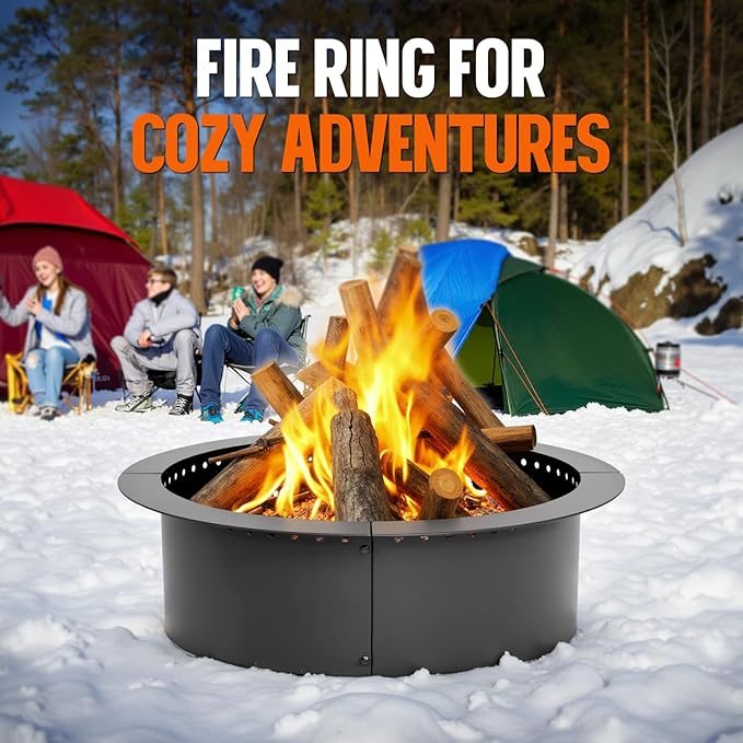 IDZO Fire Pit Ring 42 inch Outer, 36 inch Inner Diameter with Air Venting Holes, 10 inch Height Steel Fire Pit Insert for Smokeless DIY Campfire, Outdoor In-Ground or Above Ground Use