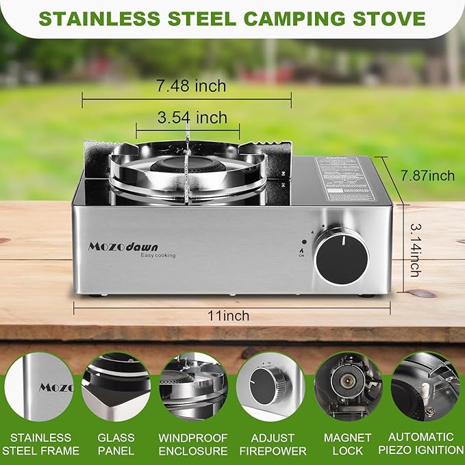 Portable Gas Stove with Case, 12000 BTU Butane Stove with Wind Guard, Single Burner Camp Stove for Home Kitchen, Camping, Picnics, Hiking, Fuel Not Included