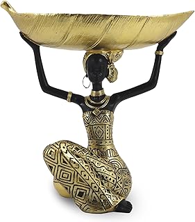 Lescafita African Woman Sculpture with Gold Leaf Bowl, Handmade Resin Figurine, Exotic Tribal Art Statue for Living Room, Dining Table, or Entryway Decoration