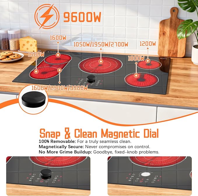 36 Inch Electric Cooktop, 5 Burner Stove Top 9600W, Built in Electric Cooktop 36", Magnetic Knob, Three-ring Burner & BBQ, Timer, Safety Lock, Pause, 220V-240V Hard Wire (No Plug)