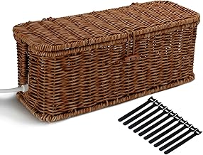 Cable Management Box, Desk Handwoven Rattan Cord Hider Cable Organizer Box With Lid Button Lock, Power Strip Cover Wicker Decorative Basket, Floor Wire Hiding Extension Cord Box (dark brown)