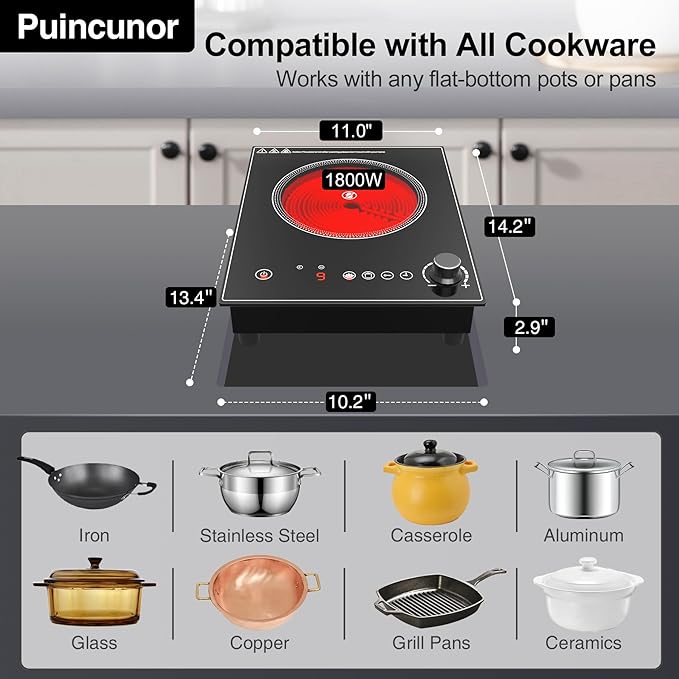1800W Portable Electric Cooktop – Features touch & knob controls with 10 heat levels, child lock, and timer. 110V for home, camping, and apartments.