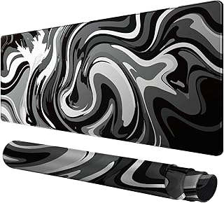 Large Gaming Mouse Pad - Black and White Mouse Pad with Stitched Edges, Extended XL Mousepad with Anti-Slip Rubber Base, Ink Liquid Wave Desk Mat for Keyboard and Mouse(31.5x15.8 inch)