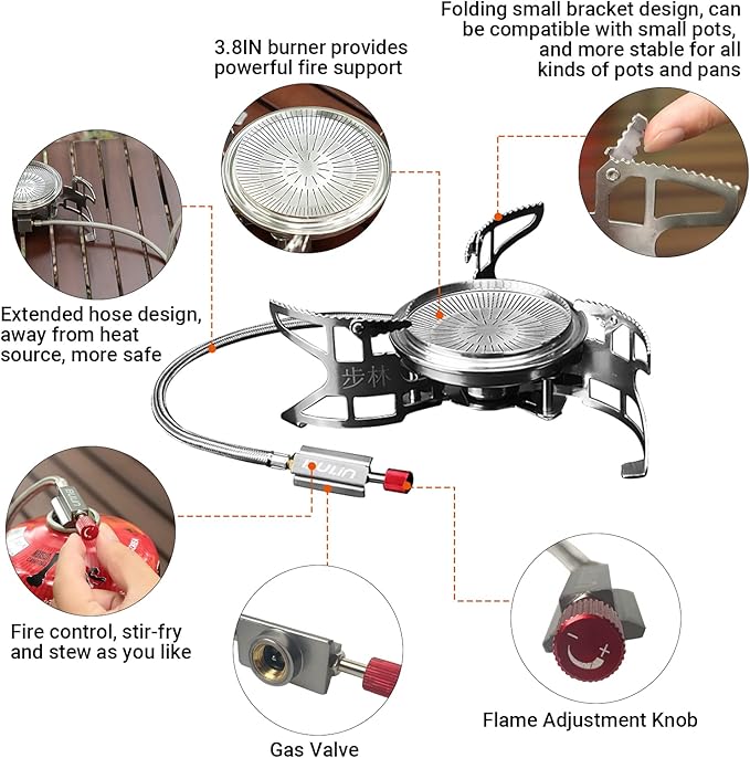 Bulin Camping Stove Backpacking Stove Portable Gas Stove with Piezo Ignition. 3800W Foldable Lightweight Cookware Outdoor Stove with Fuel Canister Adapter, Burner Kit for Camping Hiking Cooking