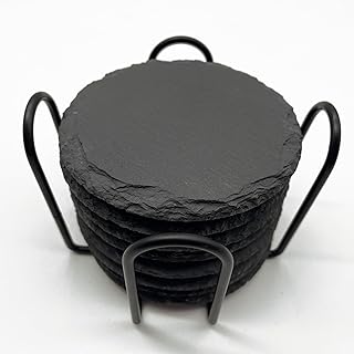 8 Pack 4 inch Round Slate Coasters with Metal Holder,Handmade Natural Rough Edge,with Integral Anti-Skid pad,Laser Engraving Blanks,Stone Coasters